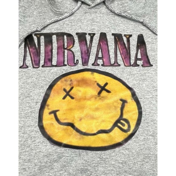NIRVANA Adult SMALL Gray Graphic Print HOODIE Sweatshirt Smiley Face Gildan EUC - Picture 2 of 8